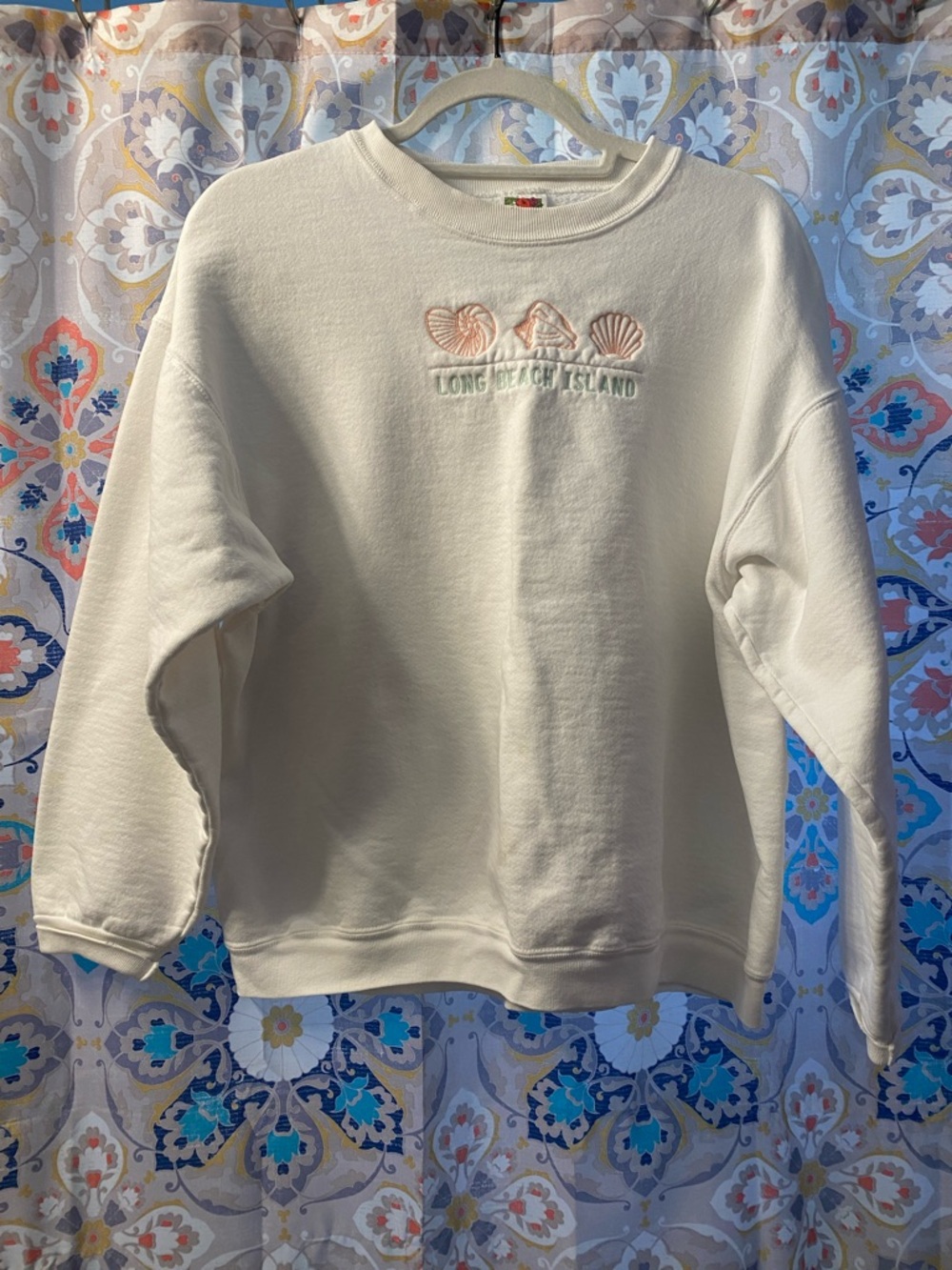 Fruit of the Loom white Crewneck Sweatshirt with Pink Shell Embroidery